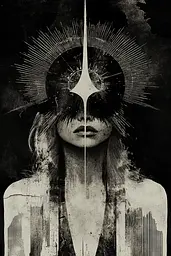 Midjourney generated image using SREF code Monochrome Alchemy: A black and white photo of a woman with a crown of thorns on her head.