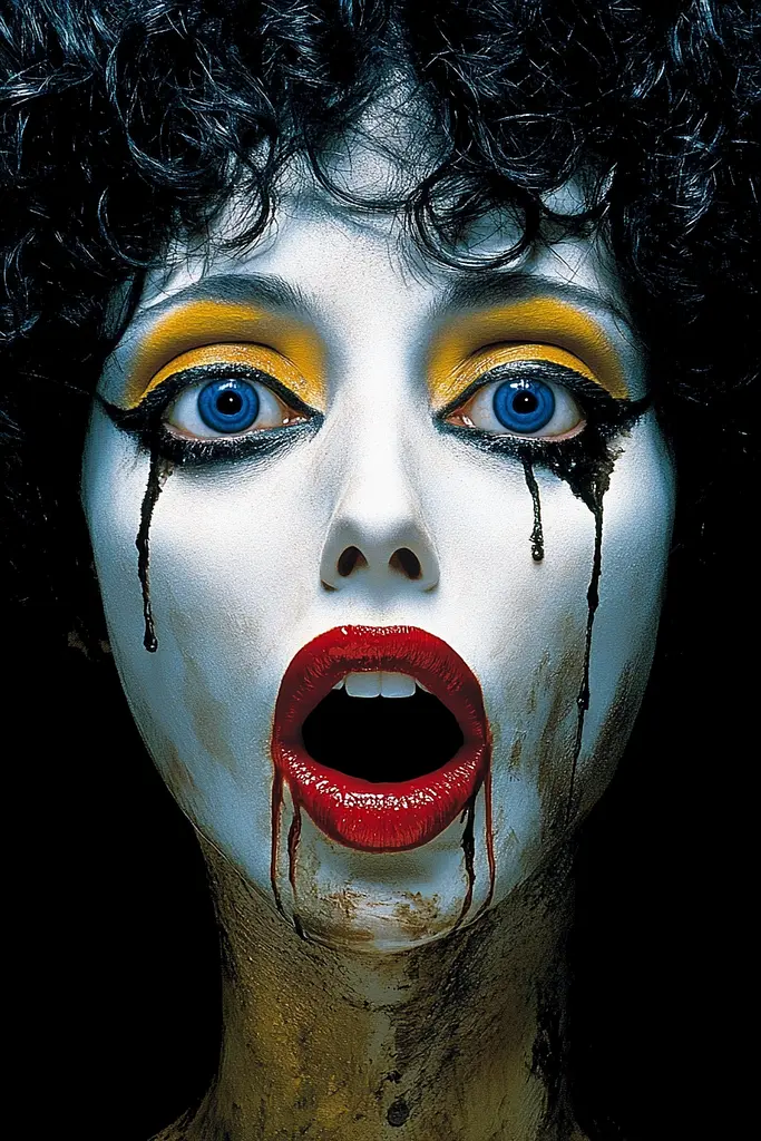 Midjourney generated image using SREF code Mythical Tension: A woman with black hair and blue eyes with blood on her face.