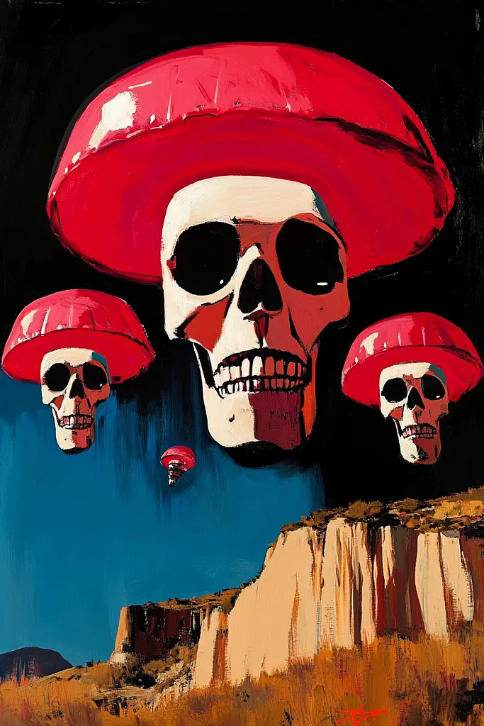 Midjourney generated image using SREF code Phantasmagoric Mask: A painting of three skulls with red hats on their heads.