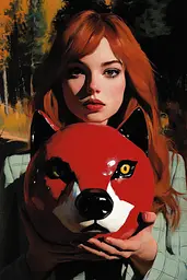 Midjourney generated image using SREF code Phantasmagoric Mask: A woman holding a red fox mask in her hands.