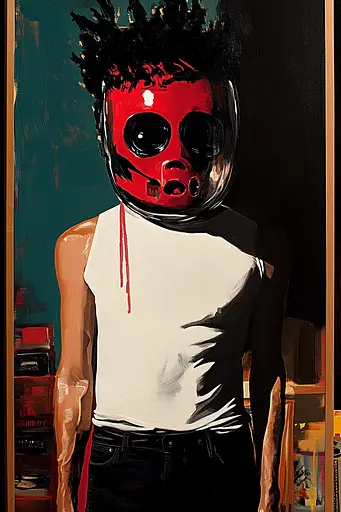 Midjourney generated image using SREF code Phantasmagoric Mask: A painting of a man wearing a gas mask.