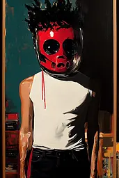 Midjourney generated image using SREF code Phantasmagoric Mask: A painting of a man wearing a gas mask.