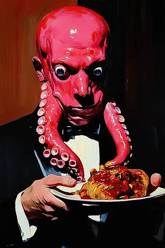 Midjourney generated image using SREF code Phantasmagoric Mask: A painting of an octopus holding a plate of food.