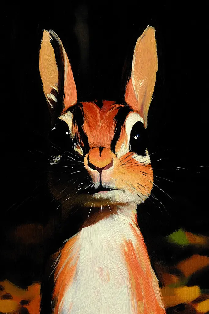 Midjourney generated image using SREF code Phantasmagoric Mask: A painting of a chipmunk in the dark. 