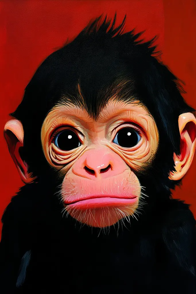 Midjourney generated image using SREF code Phantasmagoric Mask: A painting of a baby chimpanzee on a red background.