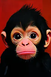 Midjourney generated image using SREF code Phantasmagoric Mask: A painting of a baby chimpanzee on a red background.