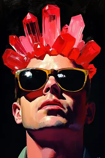 Midjourney generated image using SREF code Phantasmagoric Mask: A painting of a man wearing sunglasses with red crystals on his head.