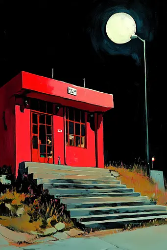 Midjourney generated image using SREF code Phantasmagoric Mask: A painting of a red building with stairs leading up to it.