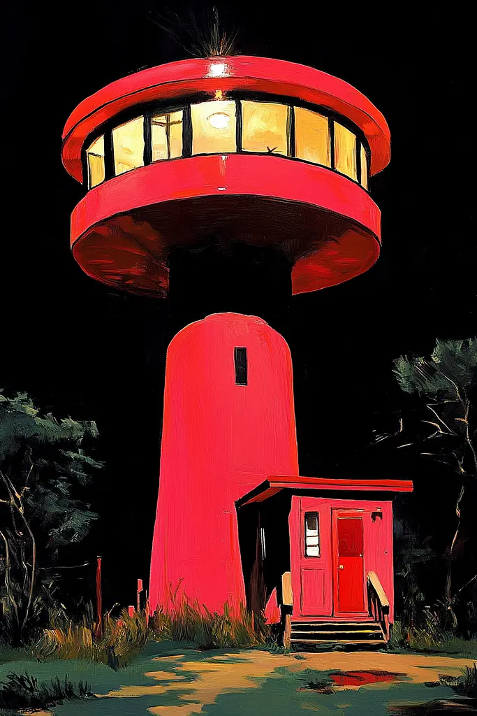 Midjourney generated image using SREF code Phantasmagoric Mask: A painting of a red lighthouse at night. 