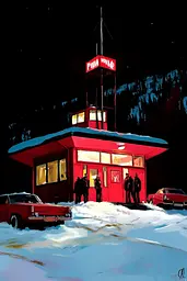 Midjourney generated image using SREF code Phantasmagoric Mask: A painting of a diner in the snow at night.