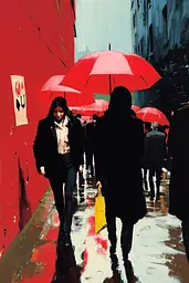 Midjourney generated image using SREF code Phantasmagoric Mask: A painting of people walking in the rain with red umbrellas.