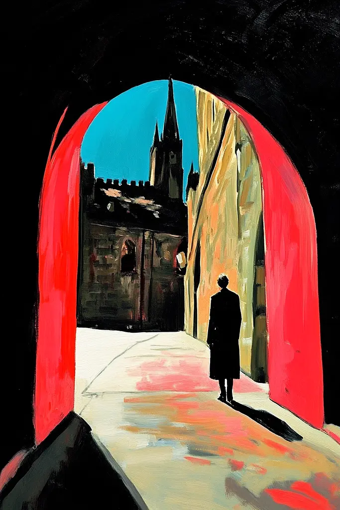 Midjourney generated image using SREF code Phantasmagoric Mask: A painting of a person walking through an archway.