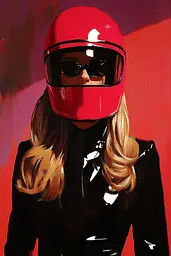 Midjourney generated image using SREF code Phantasmagoric Mask: A painting of a woman wearing a red helmet and sunglasses.