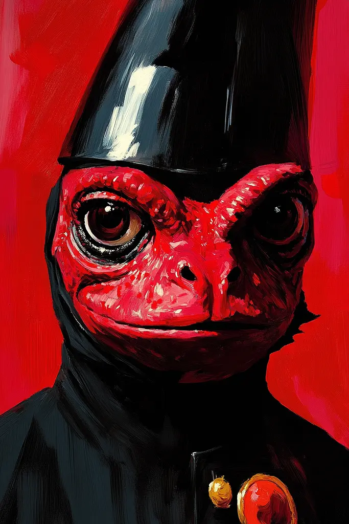 Midjourney generated image using SREF code Phantasmagoric Mask: A painting of a red alien wearing a black hat.