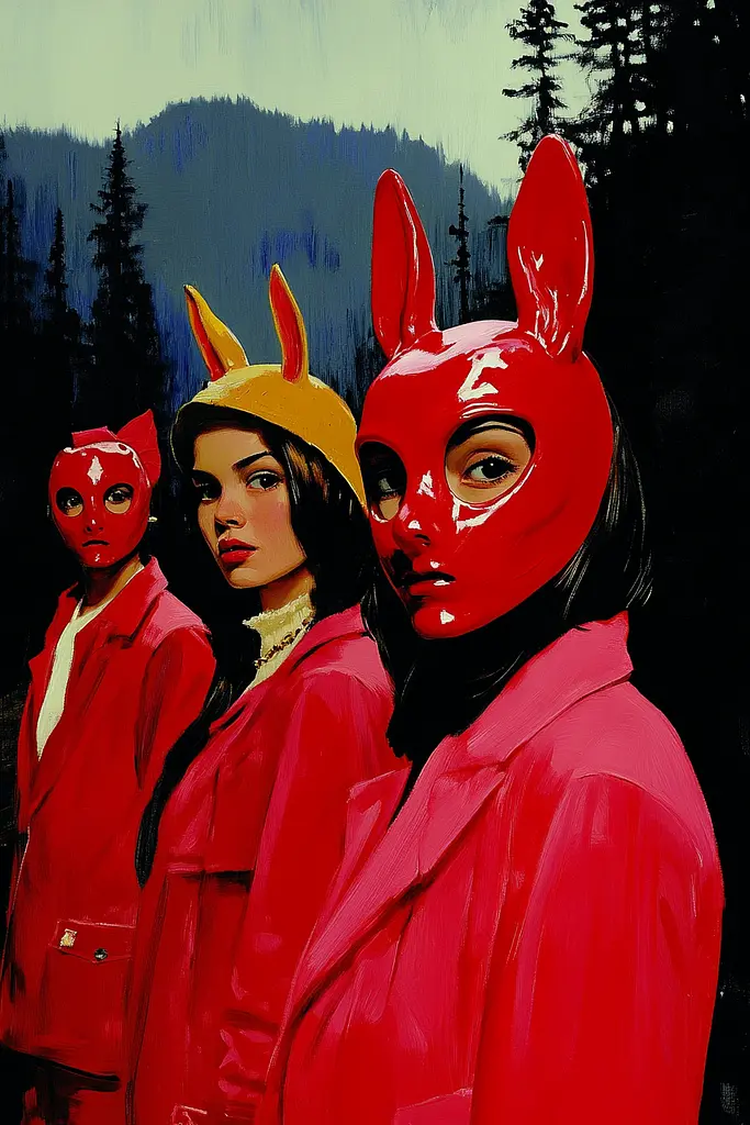 Midjourney generated image using SREF code Phantasmagoric Mask: A painting of three women wearing red bunny masks.