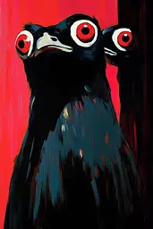 Midjourney generated image using SREF code Phantasmagoric Mask: A painting of a black bird with red eyes.