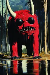 Midjourney generated image using SREF code Phantasmagoric Mask: A painting of a red monster in the woods.