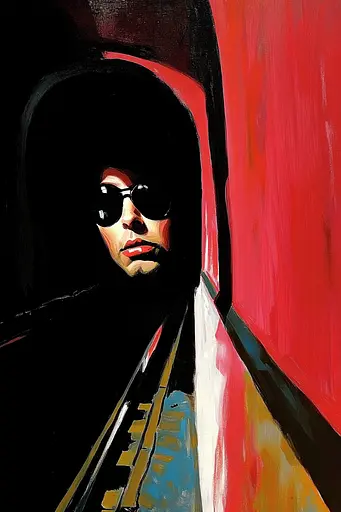 Midjourney generated image using SREF code Phantasmagoric Mask: A painting of a woman wearing sunglasses on a train track.