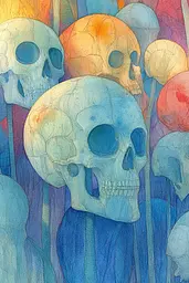 Midjourney generated image using SREF code Celestial Cascade: A painting of a group of skulls in a field.