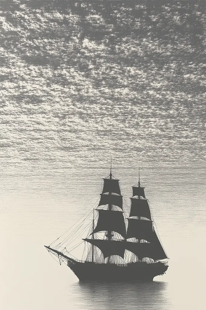 Midjourney generated image using SREF code Spectral Anatomy: A black and white photo of a tall ship in the ocean.