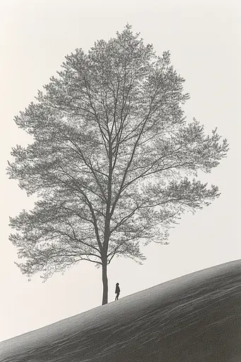 Midjourney generated image using SREF code Spectral Anatomy: A lone person standing under a large tree on a hill.