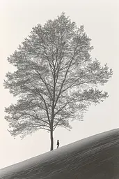 Midjourney generated image using SREF code Spectral Anatomy: A lone person standing under a large tree on a hill.