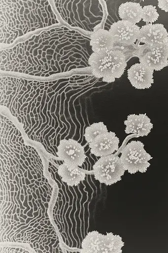 Midjourney generated image using SREF code Spectral Anatomy: A black and white drawing of a tree with flowers.