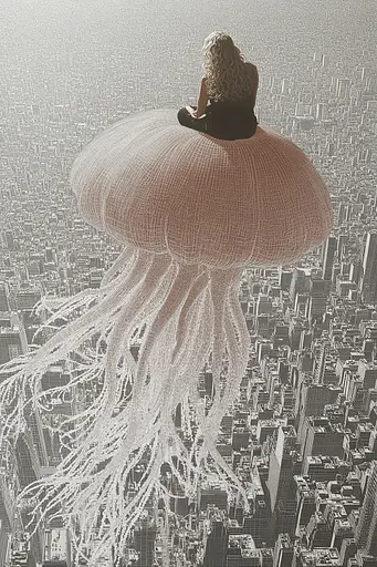 Midjourney generated image using SREF code Spectral Anatomy: A woman sitting on top of a giant jellyfish in a city.