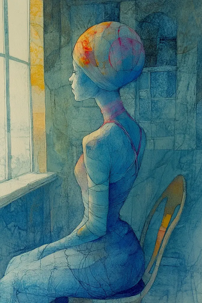 Midjourney generated image using SREF code Celestial Cascade: A painting of a woman sitting on a chair in front of a window.