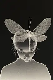 Midjourney generated image using SREF code Spectral Anatomy: A black and white photo of a woman with a dragonfly on her head.