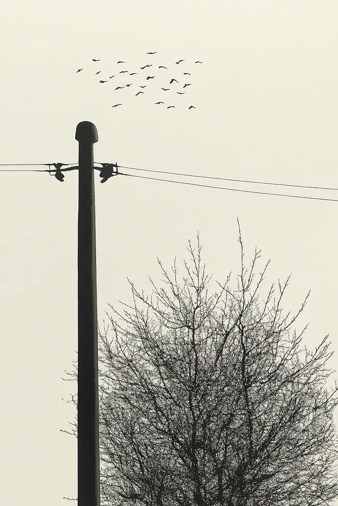 Midjourney generated image using SREF code Spectral Anatomy: A flock of birds flying over a telephone pole.