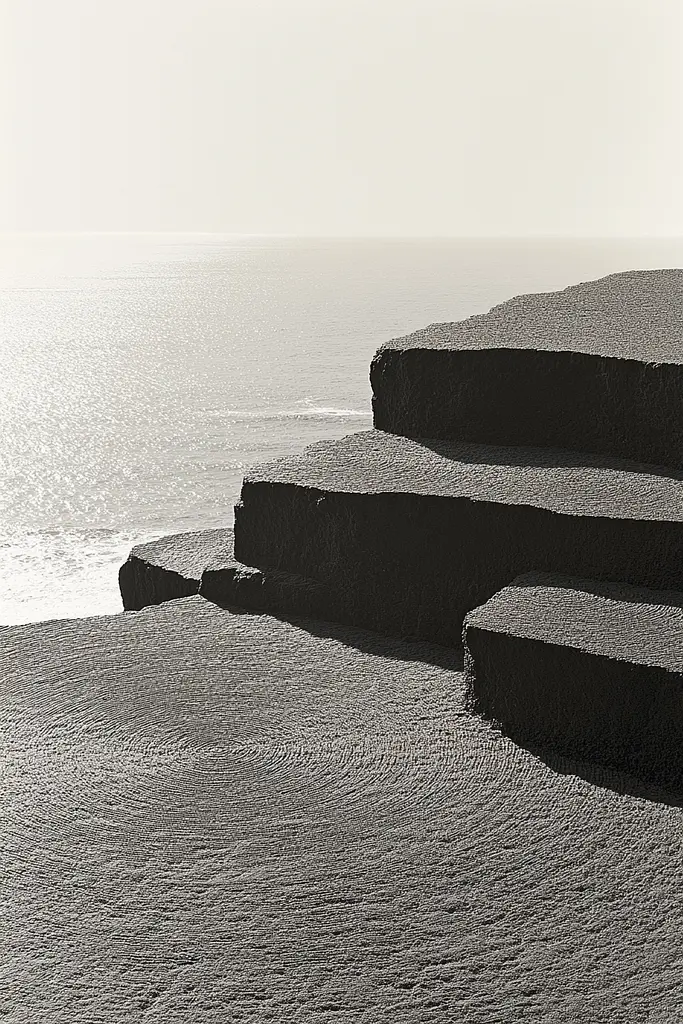 Midjourney generated image using SREF code Spectral Anatomy: A black and white photo of steps leading to the ocean.