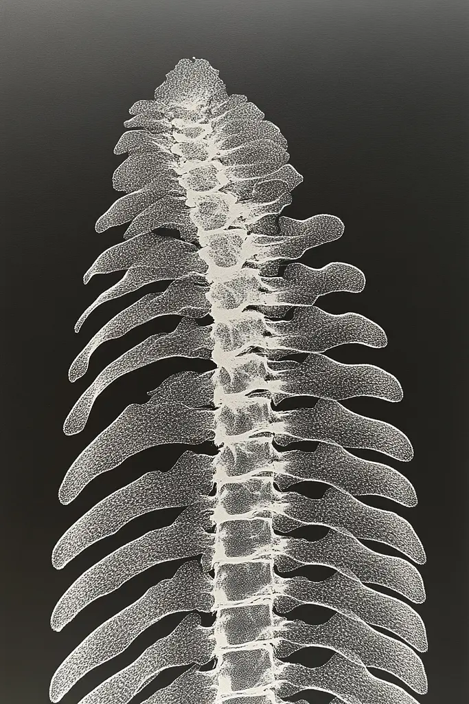 Midjourney generated image using SREF code Spectral Anatomy: A black and white photo of a human spine.