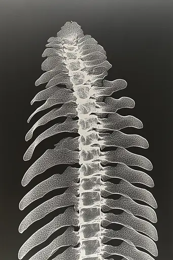 Midjourney generated image using SREF code Spectral Anatomy: A black and white photo of a human spine.