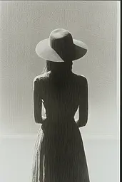 Midjourney generated image using SREF code Spectral Anatomy: A black and white photo of a woman in a dress and hat.