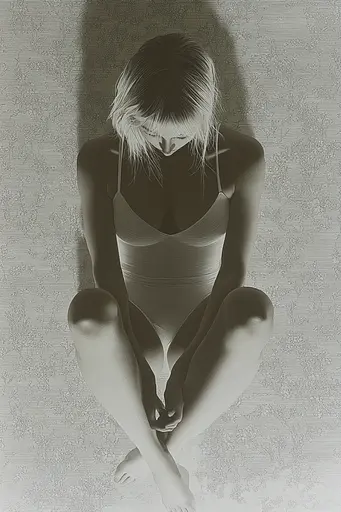 Midjourney generated image using SREF code Spectral Anatomy: A black and white photo of a woman sitting on the ground.