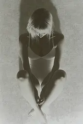 Midjourney generated image using SREF code Spectral Anatomy: A black and white photo of a woman sitting on the ground.