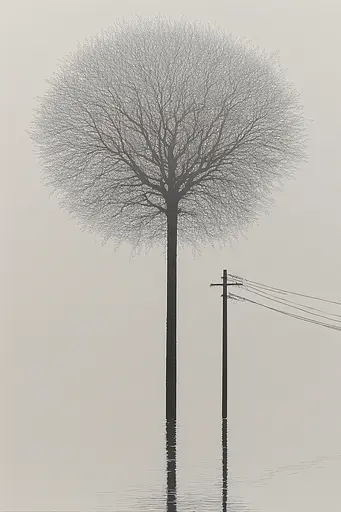 Midjourney generated image using SREF code Spectral Anatomy: A lone tree in the middle of a flooded field.