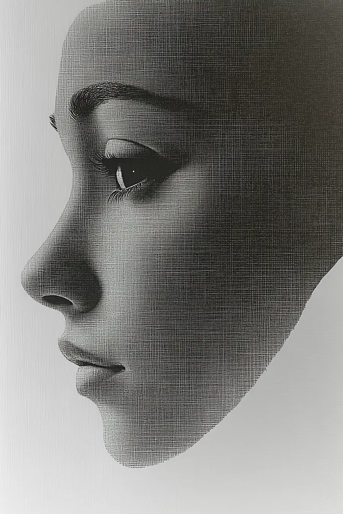 Midjourney generated image using SREF code Spectral Anatomy: A black and white photo of a woman's face.