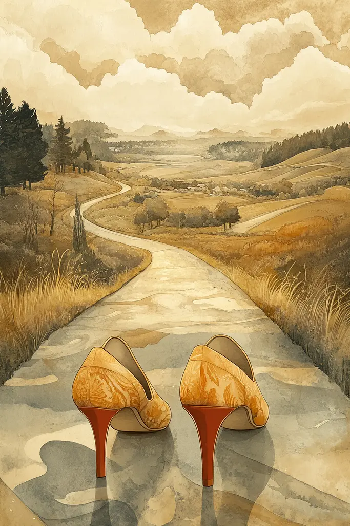 Midjourney generated image using SREF code Fable Terra: A painting of a pair of shoes on a dirt road.