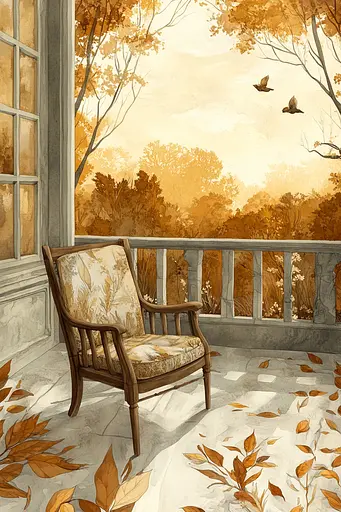 Midjourney generated image using SREF code Fable Terra: A painting of a chair on a porch with leaves on the floor.