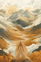 Midjourney generated image using SREF code Fable Terra: A painting of two hands clasped in prayer in front of a mountain landscape.