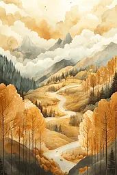 Midjourney generated image using SREF code Fable Terra: A painting of a winding road in the mountains.