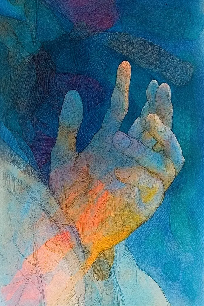 Midjourney generated image using SREF code Celestial Cascade: A drawing of a person's hand reaching out to touch something.