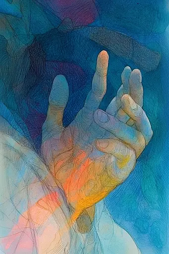 Midjourney generated image using SREF code Celestial Cascade: A drawing of a person's hand reaching out to touch something.