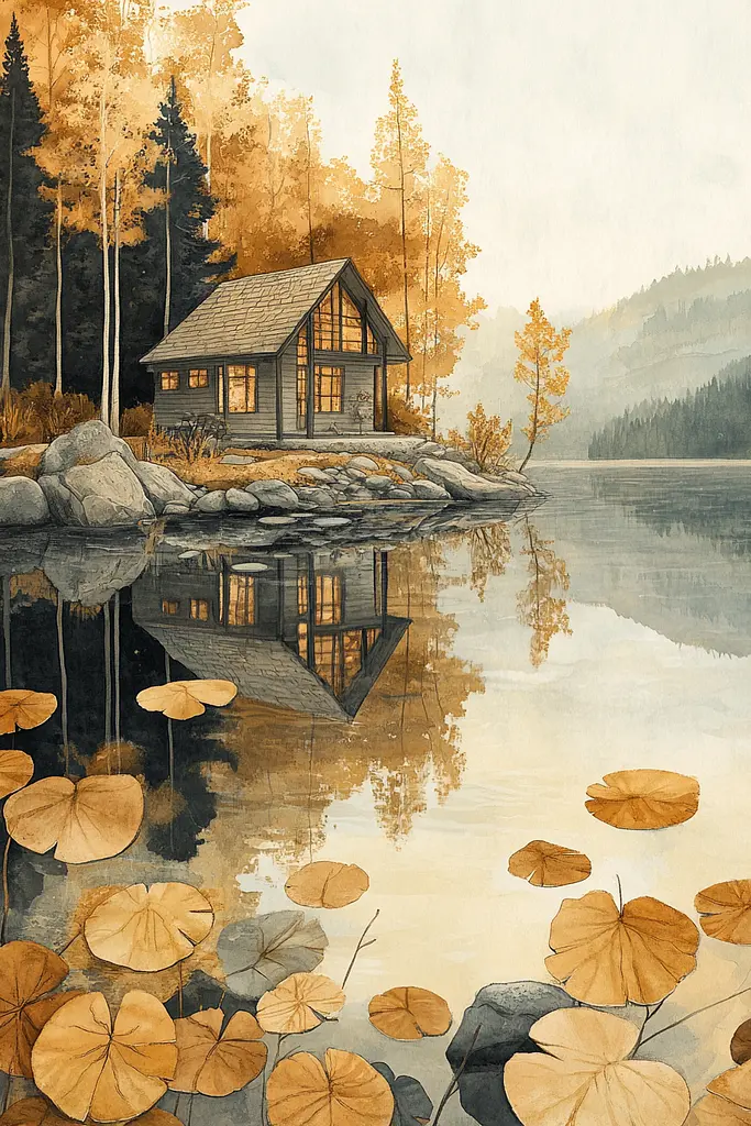 Midjourney generated image using SREF code Fable Terra: A painting of a cabin on a lake surrounded by lily pads.