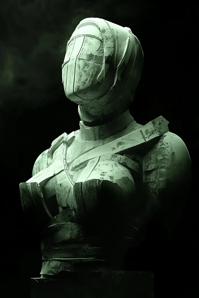 Midjourney generated image using SREF code Cryptoglow: A statue of a man wearing a helmet in the dark.