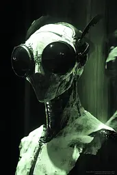 Midjourney generated image using SREF code Cryptoglow: A man in a futuristic suit with goggles on.