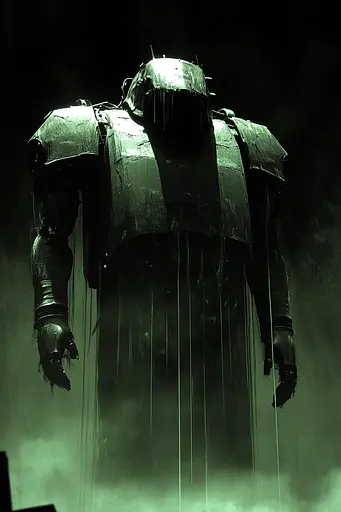 Midjourney generated image using SREF code Cryptoglow: A man in a suit of armor standing in the rain.