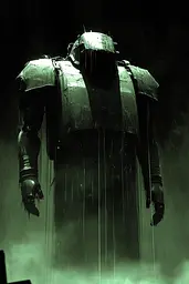Midjourney generated image using SREF code Cryptoglow: A man in a suit of armor standing in the rain.